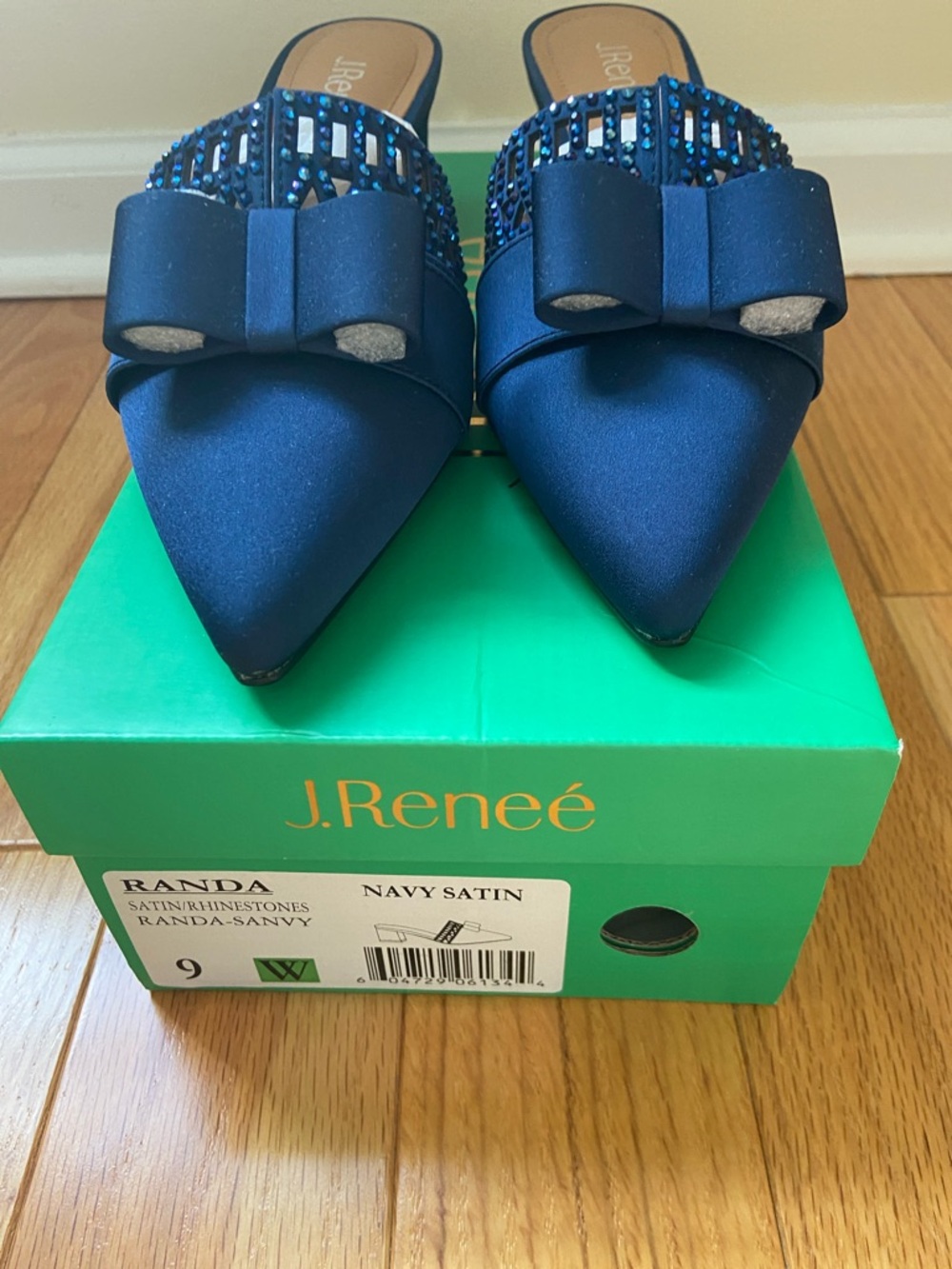J.Reneé Navy Satin Rhinestone Strap Mule